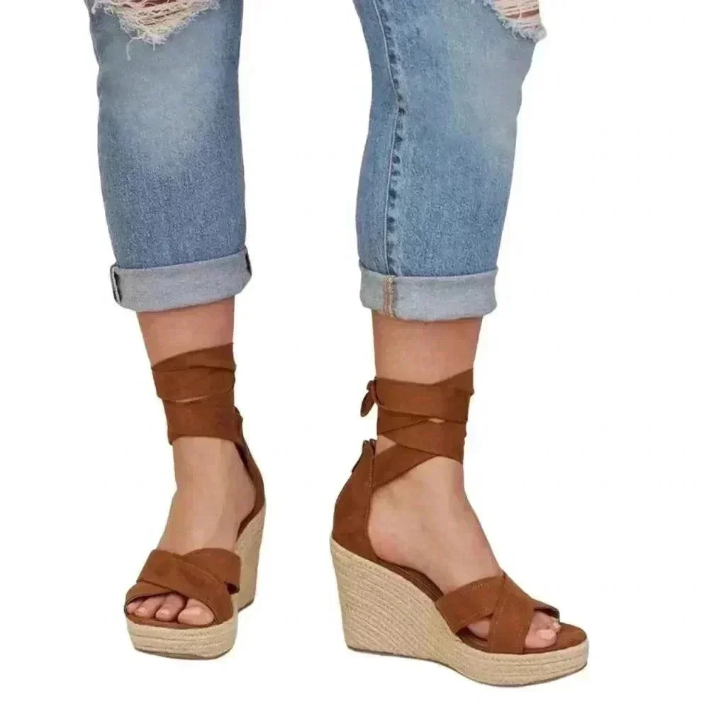 Torrid Brown Suede Lace Up‎ Espadrille Wedge Sandals 9WW Extra Wide